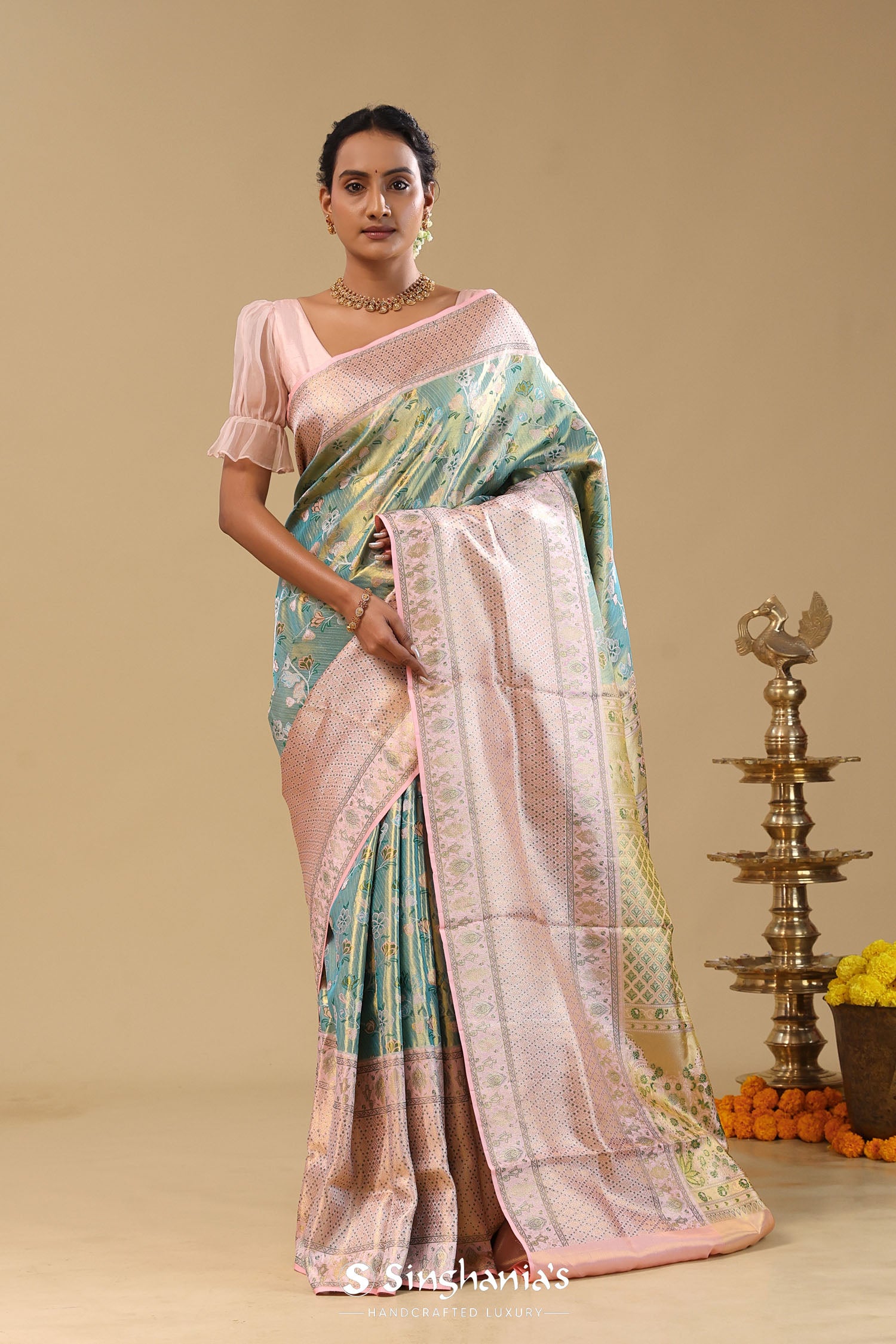 Blue Kanjivaram Tissue Saree With Meenakari Jaal