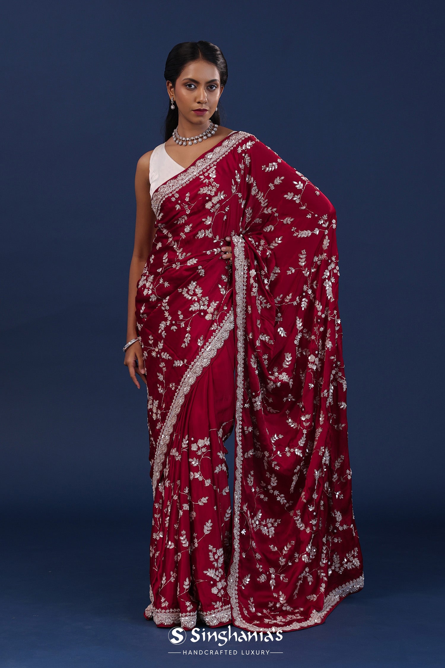 Dark Ruby Red Satin Silk Saree With Sequence Work