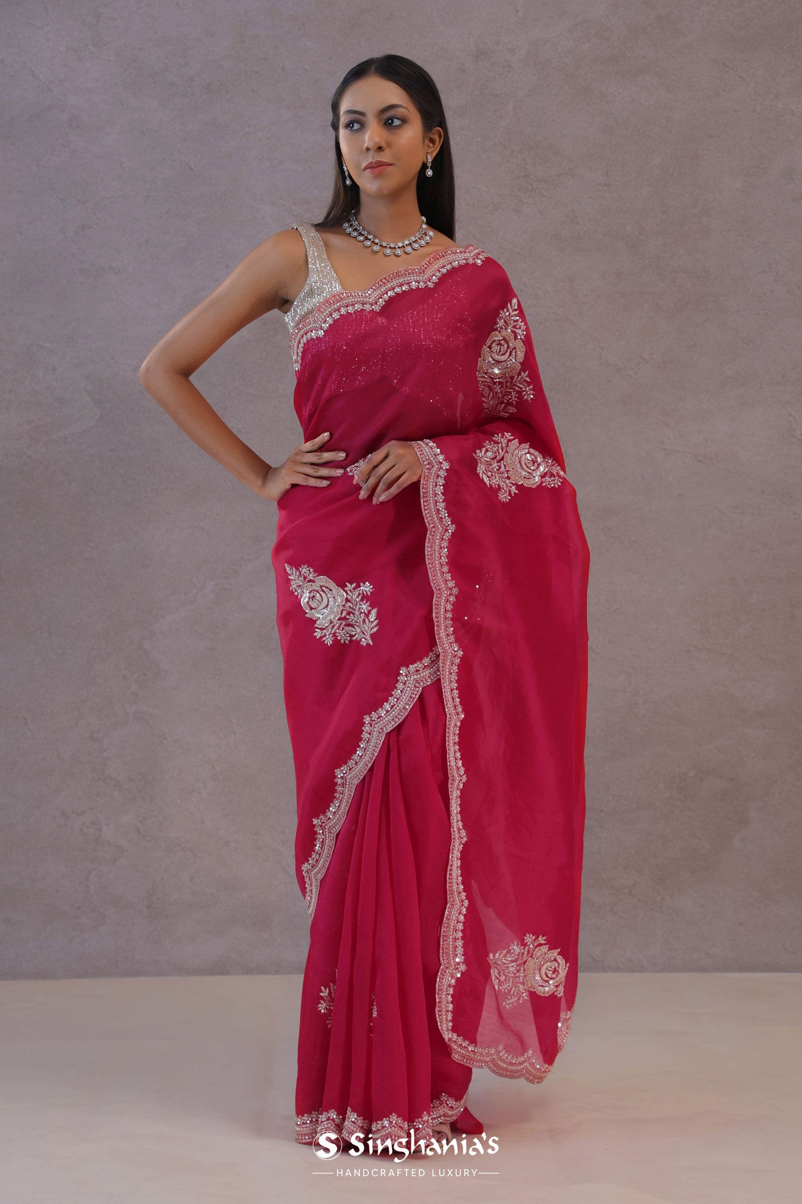 Magenta Organza Embroidery Saree With Scallop Border
