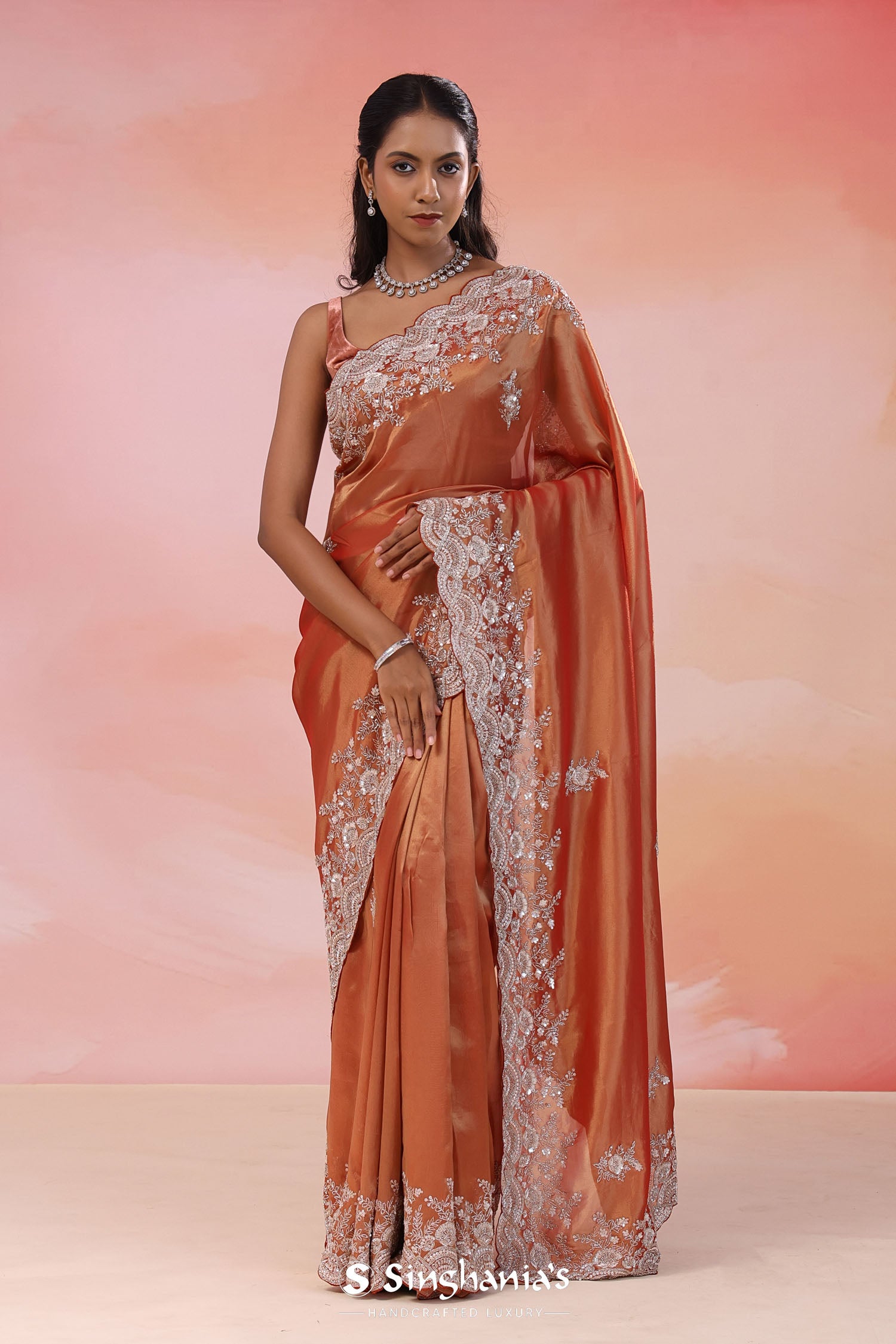 Rust Orange Organza Tissue Saree With Scallop Border
