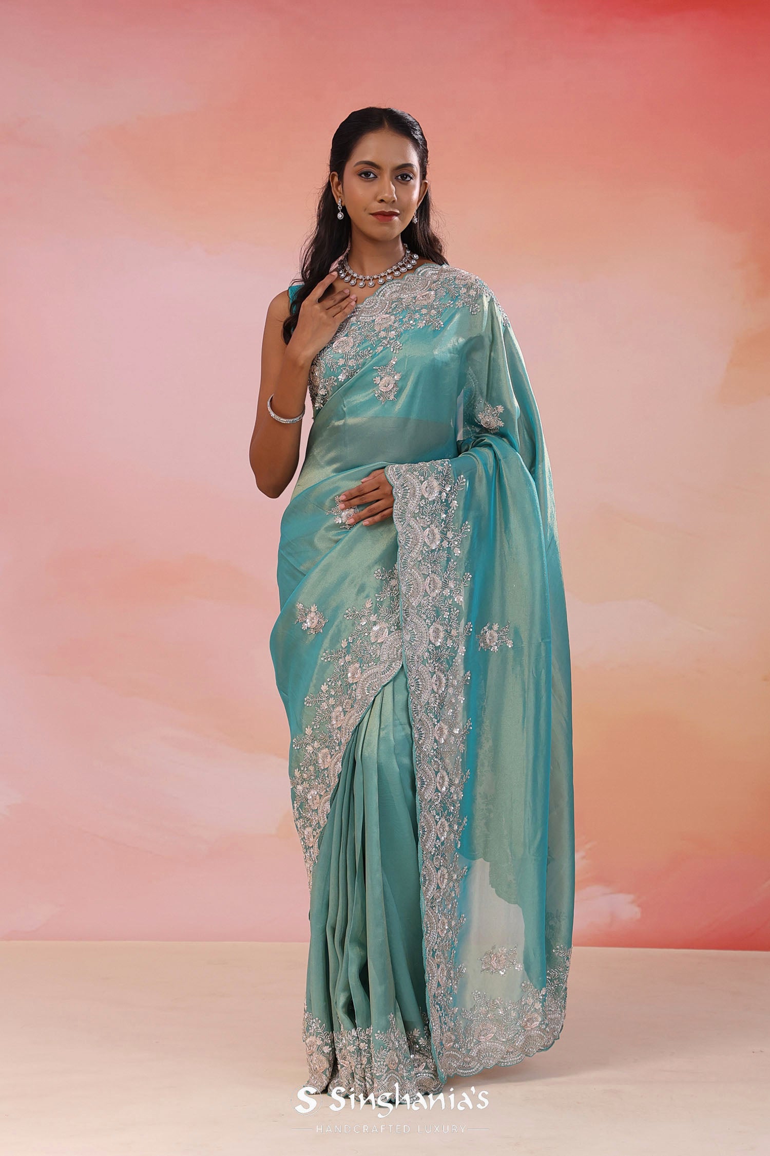 Grayish Turquoise Organza Tissue Saree With Scallop Border