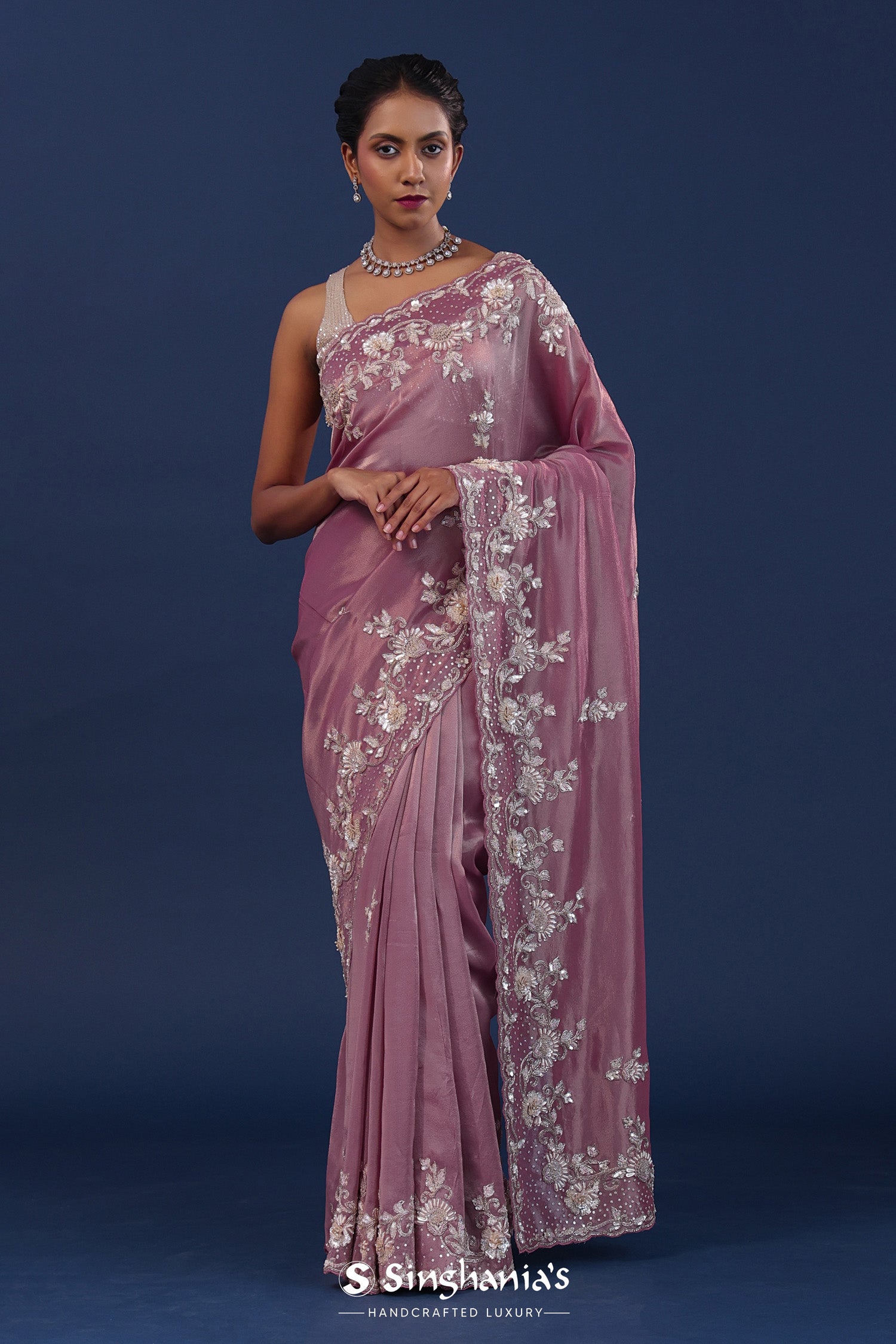 Muted Rose Pink Tissue Saree With Cutdana Work