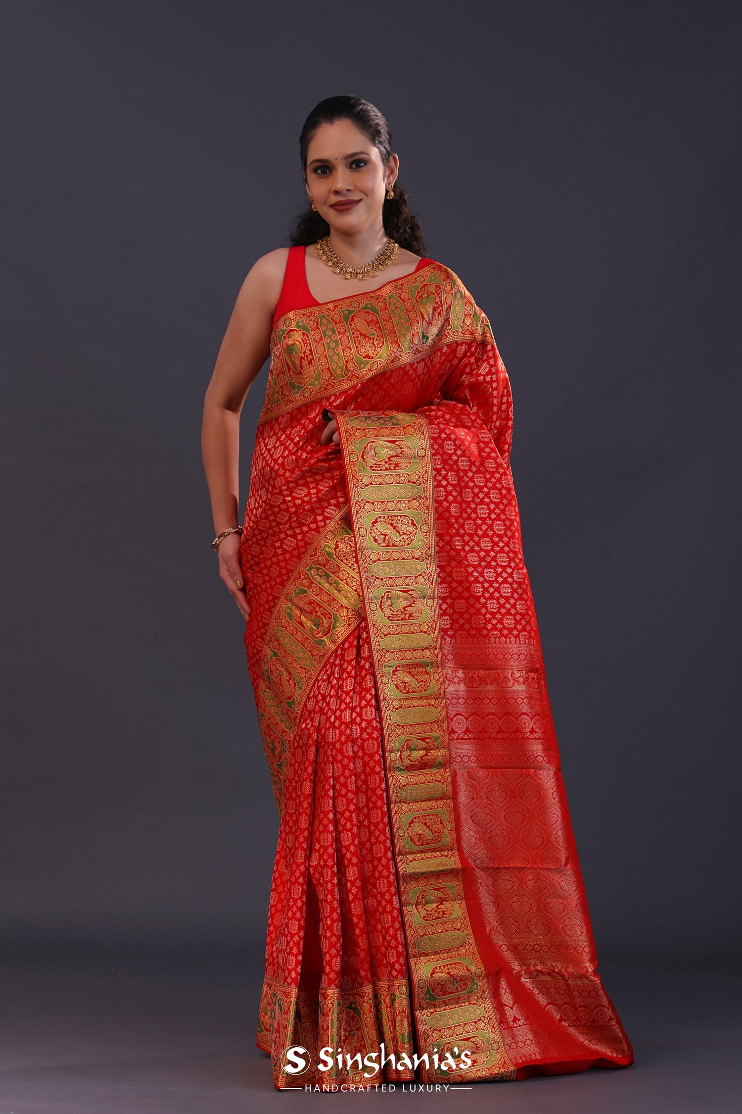 Vibrant Red Kanjivaram Silk Saree With Tissue Border