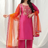 Pink Raw Silk Embroidered Kurti With Salwar And Contrast Dupatta