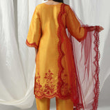 Yellow Raw Silk Embroidered Kurti With Pants And Contrast Dupatta