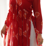 Red Coral Kurti Set With White Pants