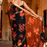 Black Floral Printed Chiffon Saree