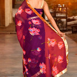 Purple Lotus Printed Chiffon Saree