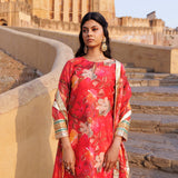 Coral Red Chanderi Kurta Set Floral Prints With Lace Work