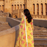 Yellow Chiffon Kurta Set With Floral Prints With Lace Work