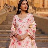 Pink Chanderi Kurta Set With Prints And Lace Work