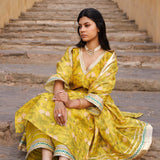 Cyber Yellow Chanderi Kurta Set With Prints And Lace Work
