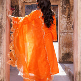 Vibrant Orange Cotton Kurta Set With Organza Dupatta