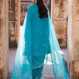 Blue Green Silk Kurta Set With Aari Embroidery