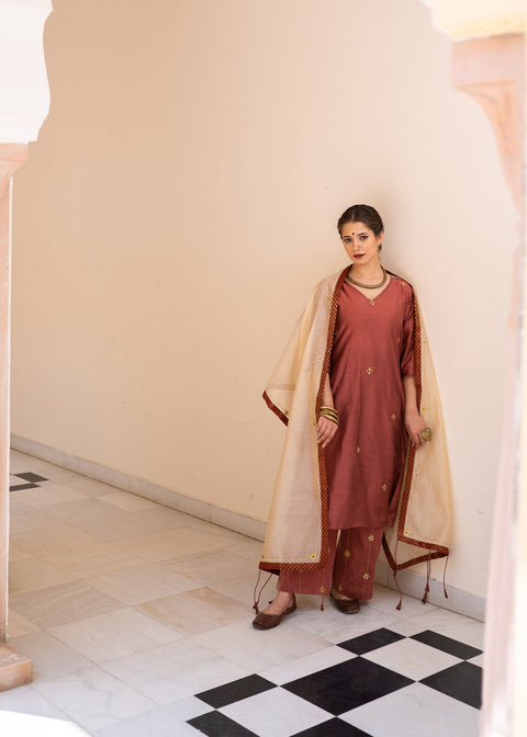 <img> Burgundy Cotton Silk Gota Patti Suit Set
