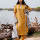 Mustard And Grey Cotton Kurta Set With Hand Embroidery