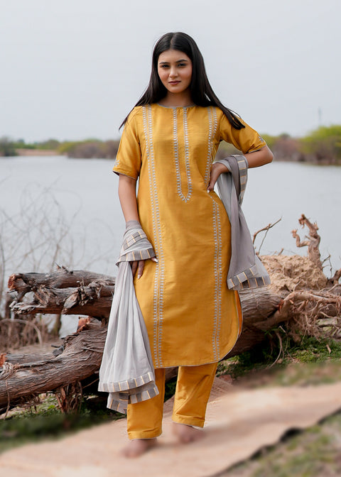 <img> Mustard And Grey Cotton Kurta Set With Hand Embroidery