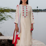 White Cotton Kurta Set With Hand Embroidery