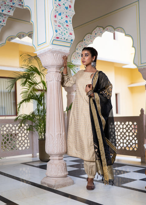 <img> Gold Black Cotton Suit Hand Blocked In Antique Gold