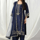 Blue Raw Silk Elegant Dori Hand Embroidered Suit With Salwar And Dupatta