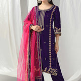 Purple Velvet Kurti With Gold Zari And Resham Thread Work With Dupatta Set