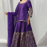 Purple Raw Silk Designer Kurti With Lehenga And Dupatta