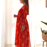 Red Coral Kurti Set With White Pants