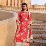 Coral Red Chanderi Kurta Set Floral Prints With Lace Work