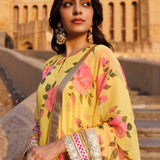 Yellow Chiffon Kurta Set With Floral Prints With Lace Work