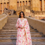 Pink Chanderi Kurta Set With Prints And Lace Work