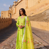 Light Green Silk Kurta Set With Floral Embroidery