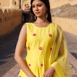 Yellow Chanderi Kurta Set With Floral Embroidery