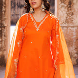 Vibrant Orange Cotton Kurta Set With Organza Dupatta