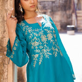 Blue Green Silk Kurta Set With Aari Embroidery