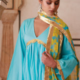 Sky Blue Cotton Kurta Set With Chiffon Dupatta