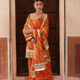 Orange Chiffon Kurta Set With Lace