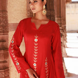 Red Chanderi Kurta Set With Embroidery