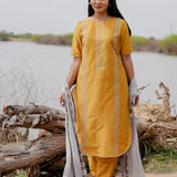 Mustard And Grey Cotton Kurta Set With Hand Embroidery