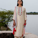 White Cotton Kurta Set With Hand Embroidery