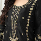 Black Raw Silk Dori Hand Embroidered Suit With Salwar And Dupatta
