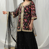 Black Designer Kurti With Georgette Sharara And Net Dupatta
