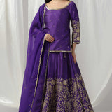 Purple Raw Silk Designer Kurti With Lehenga And Dupatta