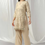 Beige Golden Shimmer Embroidered Co-Ord Set