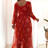 Red Coral Kurti Set With White Pants