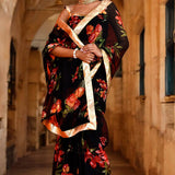 Black Floral Printed Chiffon Saree