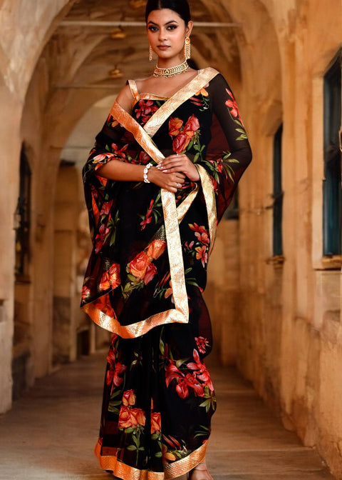 <img> Black Floral Printed Chiffon Saree