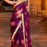 Purple Lotus Printed Chiffon Saree
