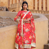 Coral Red Chanderi Kurta Set Floral Prints With Lace Work