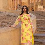 Yellow Chiffon Kurta Set With Floral Prints With Lace Work