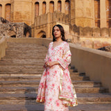 Pink Chanderi Kurta Set With Prints And Lace Work